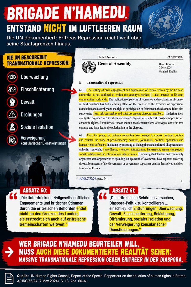 mesiihiluf's tweet photo. Auch politische Gegner im Ausland stehen im Fokus. Die UN berichtet, dass eritreische Behörden versucht hätten, Diaspora-Politik zu kontrollieren und gegen Demokratieaktivisten, Journalisten, politische Gegner und Menschenrechtsverteidiger vorzugehen. Quelle: UN A/HRC/56/24, S. 13, Abs. 61. @zeitonline @hannesleitlein @lars_graue @SZ  @BILD @BILD_Stuttgart @dwnews @StZ_NEWS 
@ProAsyl @amnesty_de @sfr_ev @BFR_089 @FR_Hessen @Bundeskanzler
@GrueneBundestag @gruenestuttgart  @TabeaRoessner @Beatrix_vStorch @datenreiserecht @GBA_b_BGH @rlpNews @CDU #Eritrea #PeterBeuth #Germany @faznet @GermanyDiplo @en_germany @German_Gov @SWRAktuellBW @Bundeskanzler @OlafScholz @BAMF_Dialog @FDP @dw_politics @BBMB_bund @BundesregDE @die_regierung @germanyintheeu @GERMANYonUN @dwnews