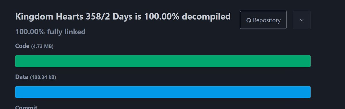 Yokimitsuro's tweet photo. WE DID IT. 🥳
Kingdom Hearts 358/2 Days is now 100% decompiled.
✅ 100.00% Code
✅ 100.00% Data
✅ 100.00% Fully Linked
Después de todo este tiempo, por fin está completo.
Siguiente objetivo: port nativo a PC. 👀
#KingdomHearts #KH358Days https://t.co/IMy6XpfPIT