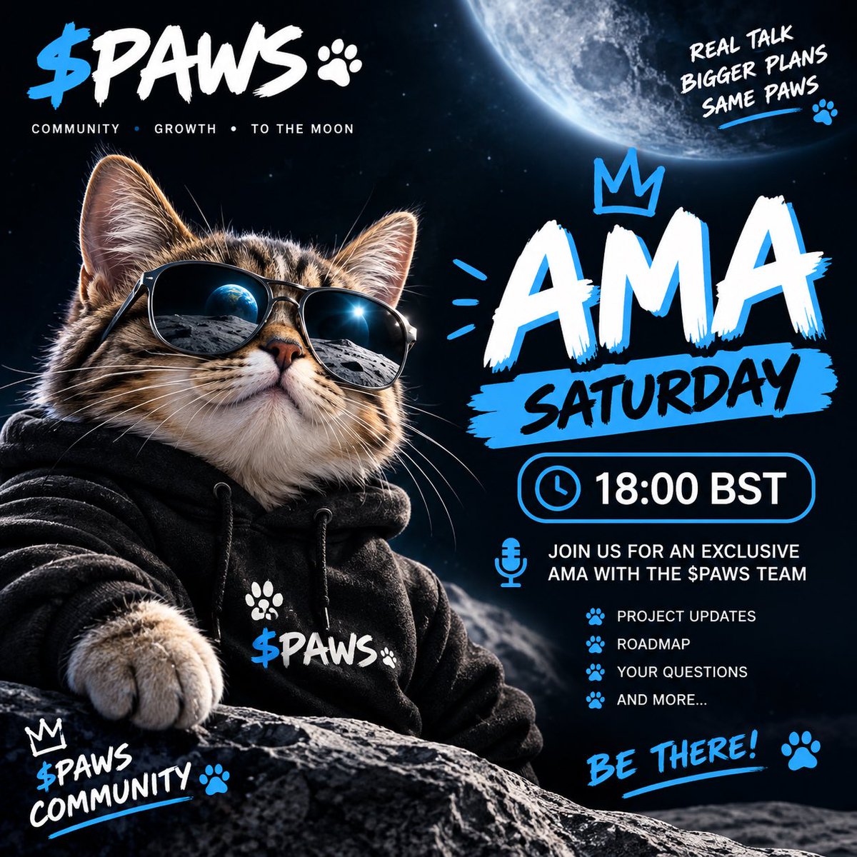 MoonPawsToken's tweet photo. Join us for our AMA on Saturday 3rd at 18:00 BST with @ox_legendaryy 

We will be actively answering your questions and discussing our project 🐾✅

#Paws #AMA https://t.co/vb99q2ecvv