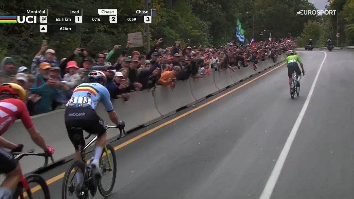 faustocoppi60's tweet photo. Roglic jumping and leaving Wout behind, I can feel the Belgian "verdomme" from Romania.

#Montreal2026 https://t.co/ZdJTB4Ftha