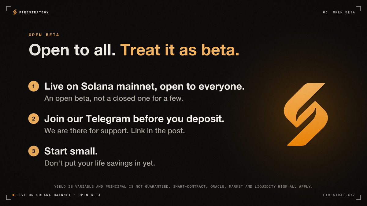 FireStratxyz's tweet photo. FireStrategy is live and open to everyone, but treat it as beta.

We chose an open beta over a closed one reserved for a few.

Before you deposit, join our Telegram for support: https://t.co/xGfVxywmwN
We will never DM you first.

Start small. Don't put your life savings in yet. https://t.co/HbmDTE4SAH