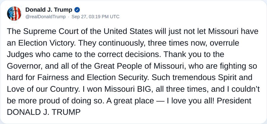 TheTomEstes's tweet photo. Trump is obviously correct here. Both SCOMO and SCOTUS have done our country and the state of Missouri a great disservice by throwing out our primary election and disenfranchising 1.2 million Missouri voters. We have been done wrong, but we will #NeverQuit https://t.co/xmPRDSSeUK