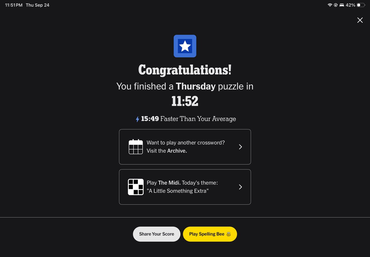 shostack's tweet photo. For 2,881 days, nearly EIGHT years, I’ve finished the NYT Crossword EVERY SINGLE day. On Sept. 24, the app repeatedly reverted my completed puzzle to unfinished. I’ve seen this bug before, but this time it broke my streak. I’m heartbroken. @nytimes @NYTGames  please help! https://t.co/EXmdllQfYk