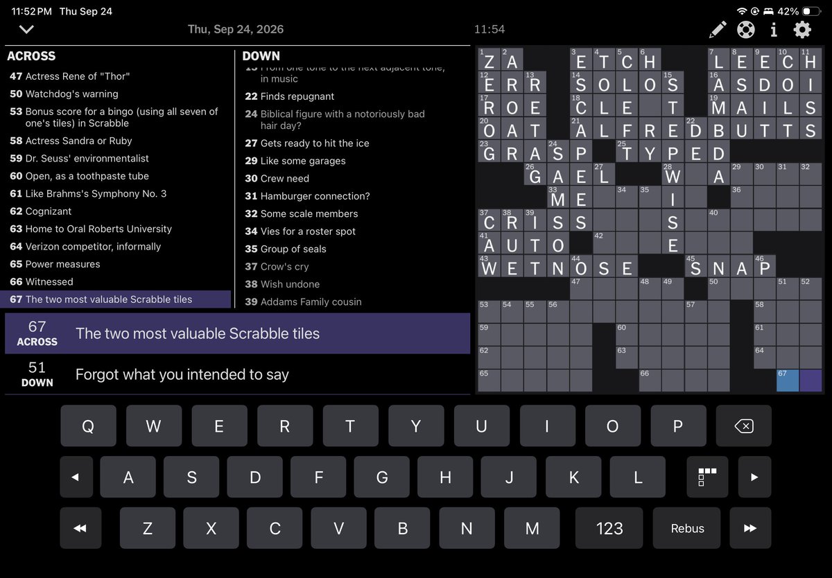 shostack's tweet photo. For 2,881 days, nearly EIGHT years, I’ve finished the NYT Crossword EVERY SINGLE day. On Sept. 24, the app repeatedly reverted my completed puzzle to unfinished. I’ve seen this bug before, but this time it broke my streak. I’m heartbroken. @nytimes @NYTGames  please help! https://t.co/EXmdllQfYk