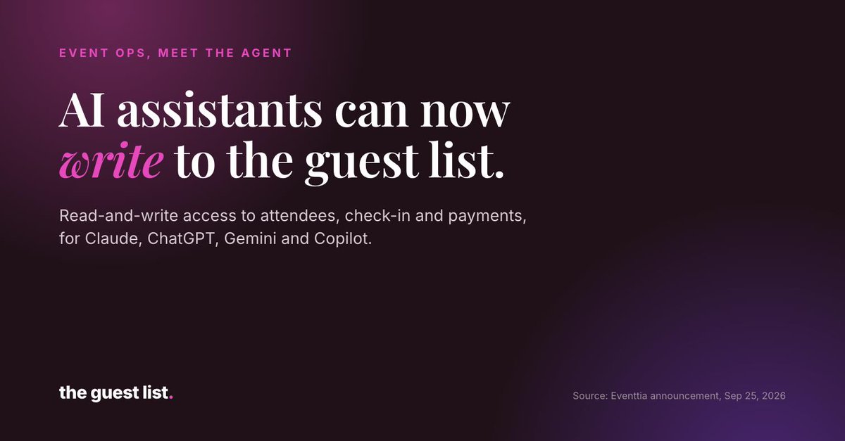 TheJearWhoSaid's tweet photo. An event platform just gave Claude, ChatGPT, Gemini and Copilot read-and-write access to attendees, check-in and payments. Agents running event ops is here.

The hard part won't be the agent. It's whether your check-in list ever matches the CRM. https://t.co/qdralhuNRG