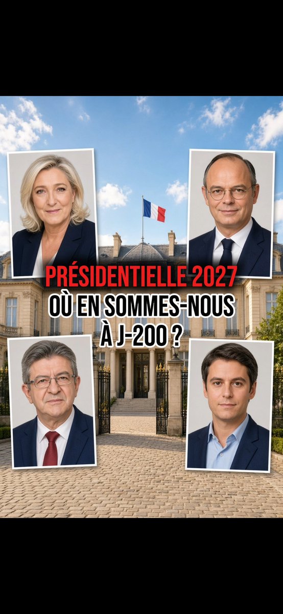 Fr_Travaille's tweet photo. Présidentielle 2027 : état des lieux à 203 jours du premier tour !

Le 18 avril 2027, les Français voteront. Emmanuel Macron, empêché par la Constitution de briguer un troisième mandat consécutif, sortira du jeu. Sébastien Lecornu, à Matignon depuis septembre 2025, gère la fin de cycle. Derrière le protocole, la campagne est déjà ouverte. Et déjà judiciaire.

DOSSIER 1 : La favorite sous contrainte.
Marine Le Pen domine tous les scénarios testés : 30 à 35 % des intentions de vote au premier tour. Les instituts lui donnent entre 95 et 97 % de chances d’accéder au second.
Le 7 juillet 2026, la cour d’appel de Paris a confirmé sa culpabilité dans l’affaire des assistants parlementaires européens. Peine : trois ans de prison dont un an ferme sous bracelet électronique, 45 mois d’inéligibilité dont 30 avec sursis, 100 000 euros d’amende. L’inéligibilité, commencée en première instance le 31 mars 2025, est considérée comme purgée. Elle peut donc être candidate.
Elle l’a annoncé le soir même, au 20 heures de TF1. Un pourvoi en cassation a été formé. La Cour a indiqué qu’une décision pouvait intervenir d’ici avril 2027. Jusque-là, Jordan Bardella, président du RN, reste le plan de repli. Il s’est rallié. Il n’est plus testé dans les sondages.

DOSSIER 2 : La guerre du palier.
Derrière Le Pen, le « bloc central » n’a pas de candidat unique.
Édouard Philippe (Horizons), maire du Havre, ancien Premier ministre : 16 à 19 %.
Gabriel Attal (Renaissance), ancien Premier ministre : 8 à 14 %, selon que Philippe est en lice ou non.
Les deux hommes se sapent. Dans Le Crépuscule des princes, publié le 23 septembre, Philippe qualifie Attal de « très, très immature » et demande : « Il a gagné quelles campagnes ? Trois législatives dans les Hauts-de-Seine. » Attal réclame une primaire. Philippe refuse. Le RN a collé à Philippe le surnom d’« Édouard le flemmard », après une vidéo tronquée sur le calendrier présidentiel. Attal a enfoncé le clou.
Conséquence mesurée par les sondeurs : tant qu’ils restent tous les deux, la deuxième place bascule vers Jean-Luc Mélenchon dans une partie des hypothèses.

DOSSIER 3 : La gauche en pièces.
Mélenchon a annoncé sa quatrième candidature le 3 mai 2026. Il est crédité de 16 à 20 %. Il arrive en tête chez les moins de 25 ans.
L’instruction sur ses assistants européens a été close en mai 2026, sans mise en examen. En parallèle, le dossier des comptes de campagne 2017, société Mediascop, mise en examen de Sophia Chikirou, n’est pas éteint.
Face à lui, la gauche social-démocrate organise une primaire les 9-10 puis 16-17 octobre : Raphaël Glucksmann, Olivier Faure, Ségolène Royal, Jérôme Guedj, Philippe Brun, Emmanuel Maurel. François Hollande refuse d’y participer. Plusieurs responsables décrivent sa stratégie : attendre que Glucksmann décroche, puis surgir. Marine Tondelier et Fabien Roussel, déclaré le 6 septembre, courent hors de ce cadre.

DOSSIER 4 : Les outsiders et le plafond de verre.
Bruno Retailleau, désigné par les adhérents LR en avril (73,8 %), plafonne entre 7 et 10 %.
Éric Zemmour a officialisé le 17 septembre. Nicolas Dupont-Aignan le 19. Tous deux sous les 5 %.
David Lisnard, Dominique de Villepin : testés, sans dynamique.

CE QUE DISENT LES DUELS.
Dans les seconds tours publiés depuis mai :
Le Pen bat Philippe, souvent 52-55 contre 45-48.
Le Pen bat Attal plus largement.
Le Pen écrase Mélenchon : autour de 63 à 70 %.
Le centre le sait. Il n’a toujours pas tranché entre union et suicide à deux.

CE QUI RESTE SUSPENDU.
La cassation Le Pen.
Le vainqueur de la primaire de gauche.
Un éventuel retrait d’Attal ou de Philippe.
Le dernier budget Lecornu.
Les 500 parrainages.
Six mois. Une favorite condamnée. Deux héritiers de Macron qui se déchirent. Une gauche éclatée. Un second tour qui, si rien ne change, se jouera dans les extrêmes.
Les dossiers sont ouverts. Les pièces manquantes arriveront avant avril.