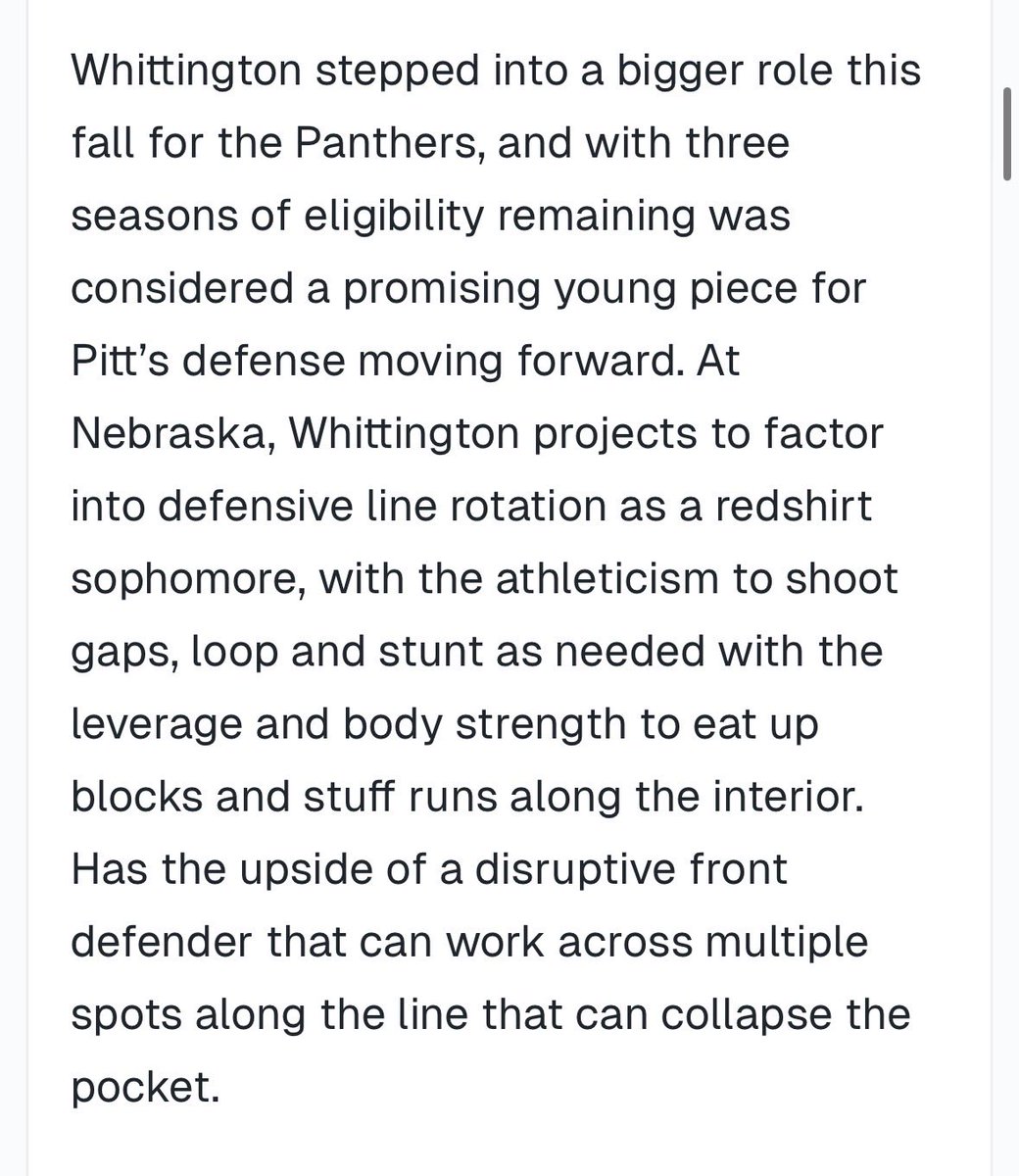 TimVerghese's tweet photo. Pitt transfer Jahsear Whittington is on pace for a career-best season

Leads the team with ten pressures, six QB hurries, to go with a career-best 2.5 sacks through four games. 

Here’s what I wrote about him when the Huskers landed him out of the portal. https://t.co/61gAIrUmJH