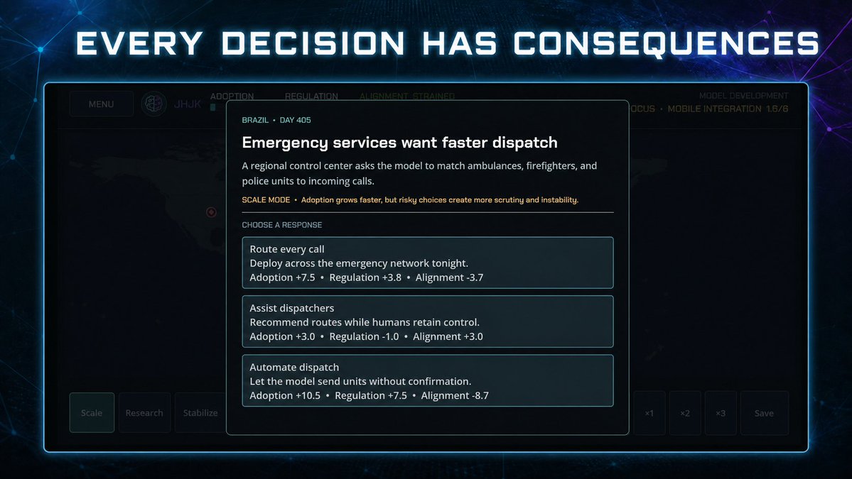 biforgestudios's tweet photo. One decision can grow adoption, calm regulators, or quietly wreck alignment.

Project AGI shows you the numbers. It does not tell you which choice is right.

That part is yours. https://t.co/WyiKmGExj7