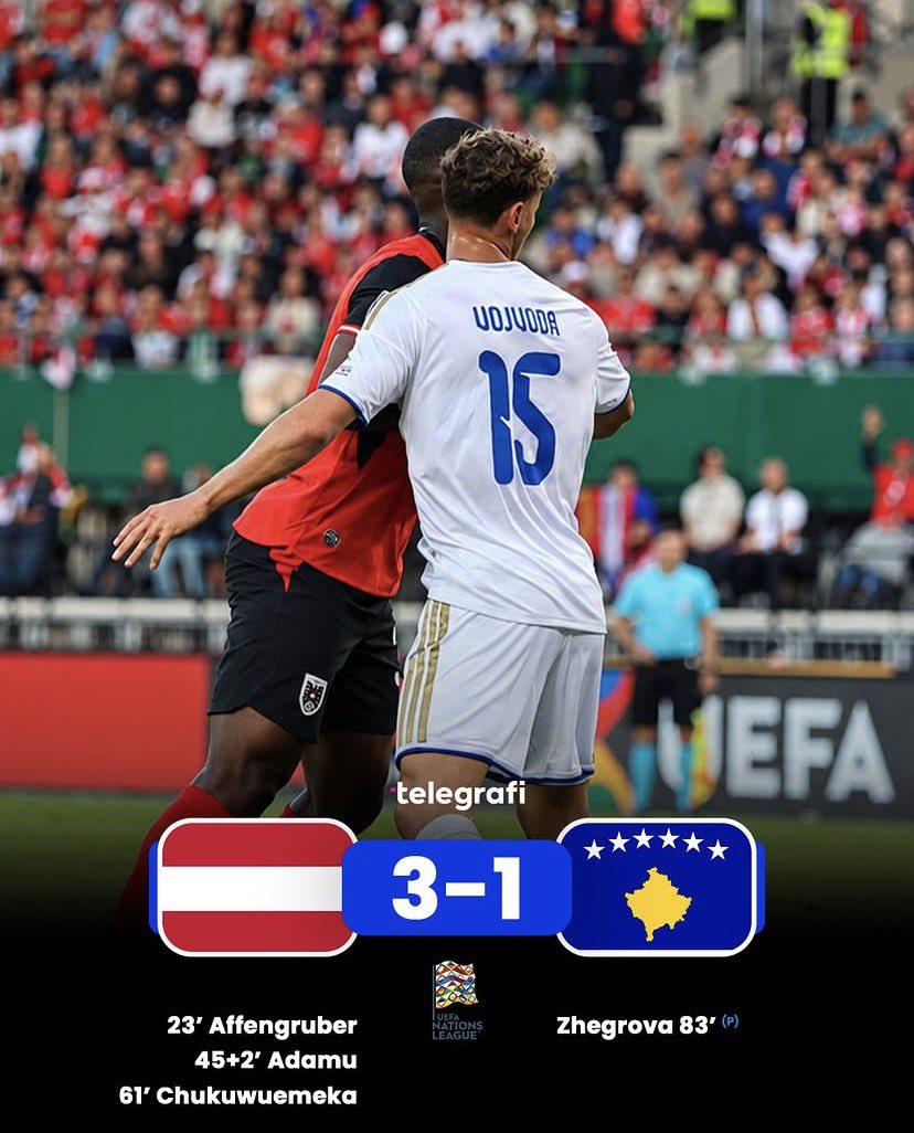 kosovarfootball's tweet photo. Kosovo suffer defeat to Austria.
𝐅𝐮𝐥𝐥 𝐓𝐢𝐦𝐞: 🇦🇹3-1🇽🇰
#AUTKOS https://t.co/BqZnN36elR