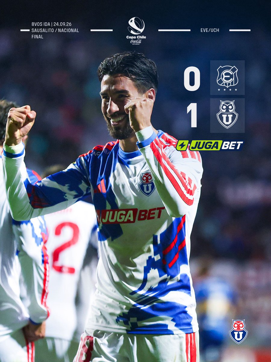 udechile's tweet photo. 𝐓𝐑𝐈𝐔𝐍𝐅𝐎 𝐀𝐙𝐔𝐋 𝐄𝐍 𝐎𝐂𝐓𝐀𝐕𝐎𝐒 🤘🏼🔵🔴

Derrotamos a Everton por 1-0 por la ida de los Octavos de Final de #CopaChileCocaColaZeroAzúcar 2026 🏆

⚽️ 62’ Juan Martín Lucero

#Everton0️⃣-1️⃣ #UdeChile
#VamosLaU 🔵🔴 https://t.co/kcJEqG0Y2j