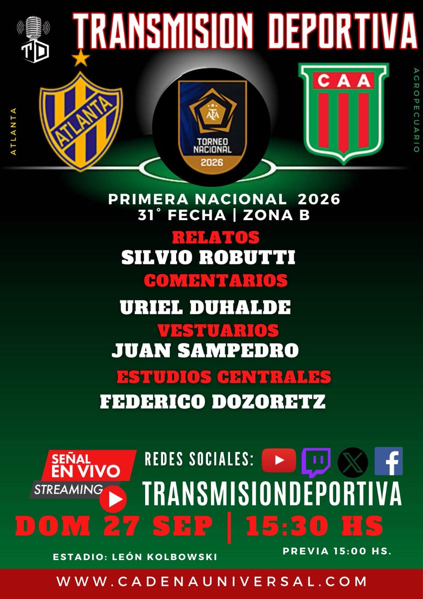 TransmisionDep1's tweet photo. Hoy domingo les ofrecemos doble jornada de transmisiones. 

En primer turno

#PrimeraNacional | #Fecha30 #ZonaB

15.30 #Atlanta 🆚️ #Agropecuario

En segundo turno

#CopaArgentina | #4TosdeFinal

17.00 #Racing 🆚️ #Boca https://t.co/icKuk9AtyE