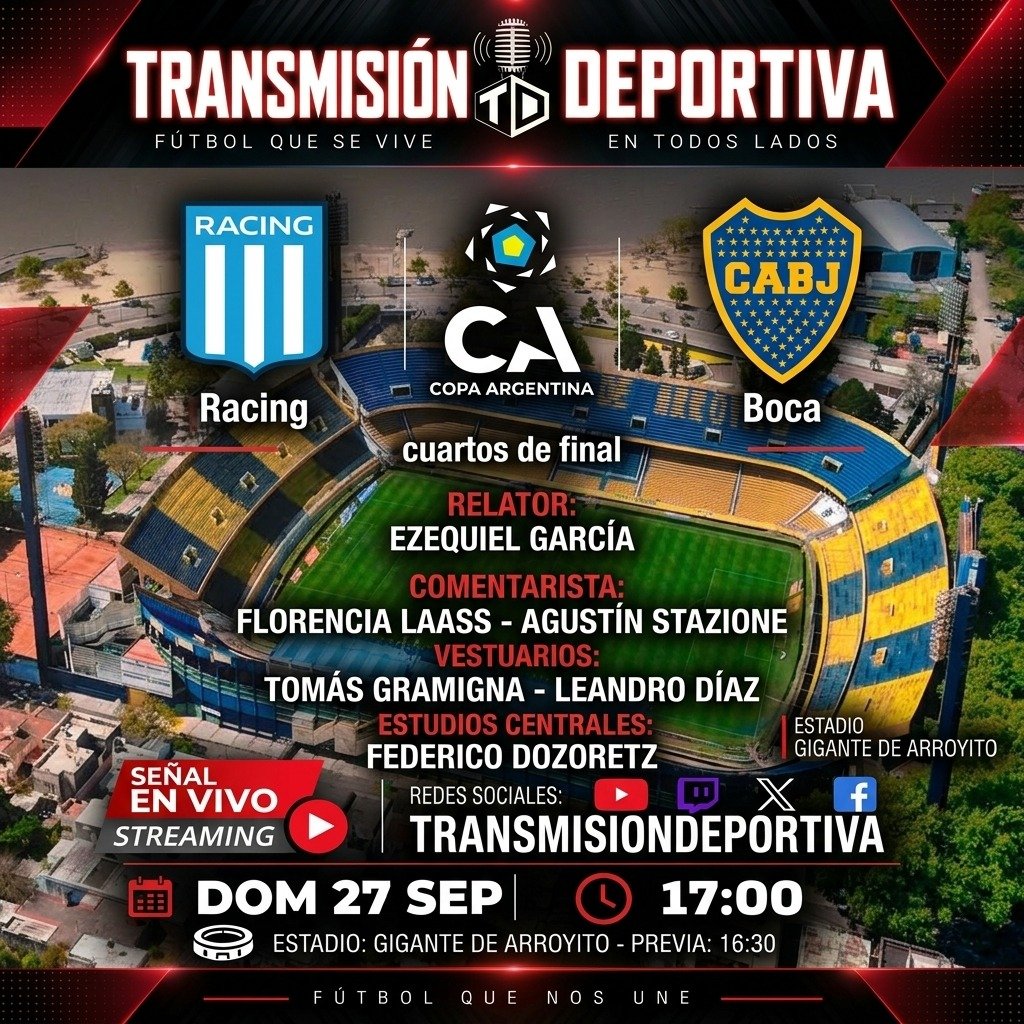 TransmisionDep1's tweet photo. Hoy domingo les ofrecemos doble jornada de transmisiones. 

En primer turno

#PrimeraNacional | #Fecha30 #ZonaB

15.30 #Atlanta 🆚️ #Agropecuario

En segundo turno

#CopaArgentina | #4TosdeFinal

17.00 #Racing 🆚️ #Boca https://t.co/icKuk9AtyE