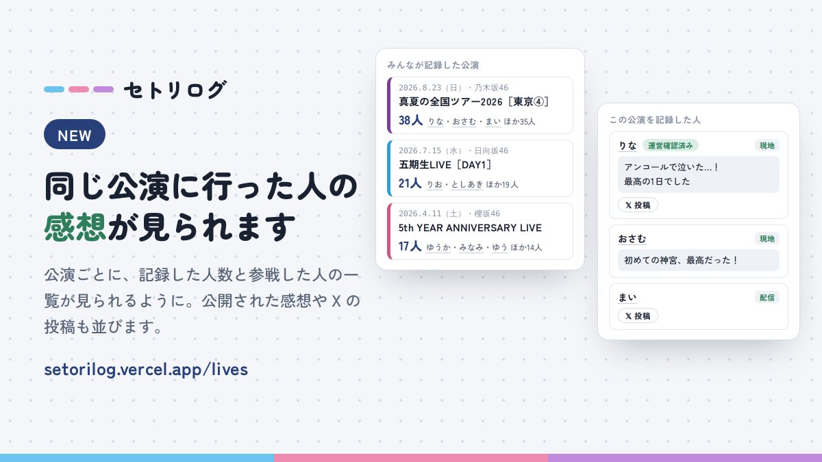 setorilog46's tweet photo. 【新機能】同じ公演に行った人の記録が見られるようになりました👀

みんなが記録した公演を、記録した人数つきで一覧できます
その公演に行った人の感想やX の投稿が並びます

感想を「公開」にして、あの日の思い出を共有しませんか？

https://t.co/jjZAwDv2xz
#セトリログ https://t.co/08wc8sXHzw