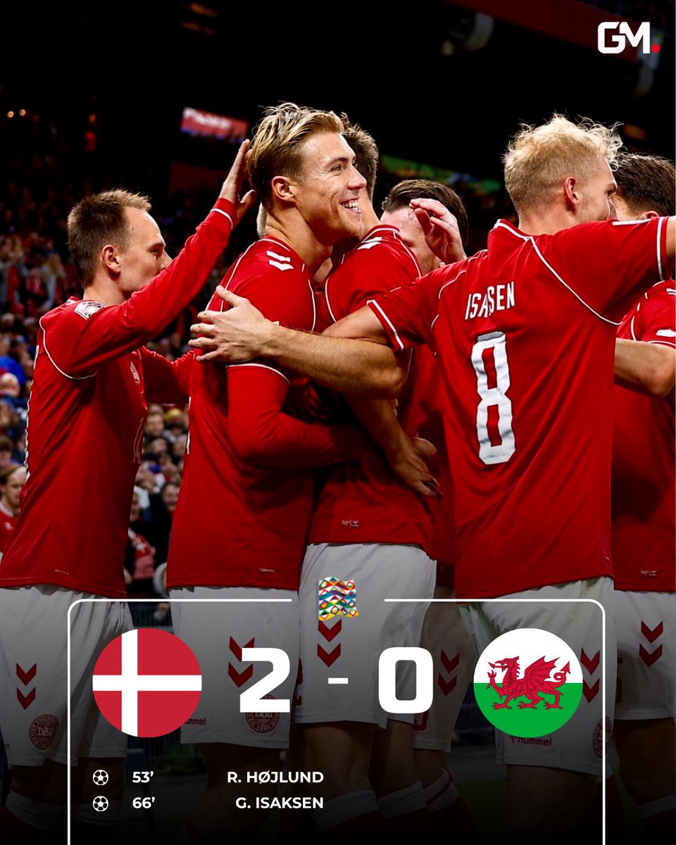 GMArenaPT's tweet photo. ⏱️ | Depois da derrota na Noruega, a 🇩🇰 Dinamarca vence o 🏴󠁧󠁢󠁷󠁬󠁳󠁿 País de Gales na segunda jornada da Liga das Nações! 

Rasmus Højlund voltou a marcar 🔥

#NationsLeague #DENWAL https://t.co/3iqy4X3IMy