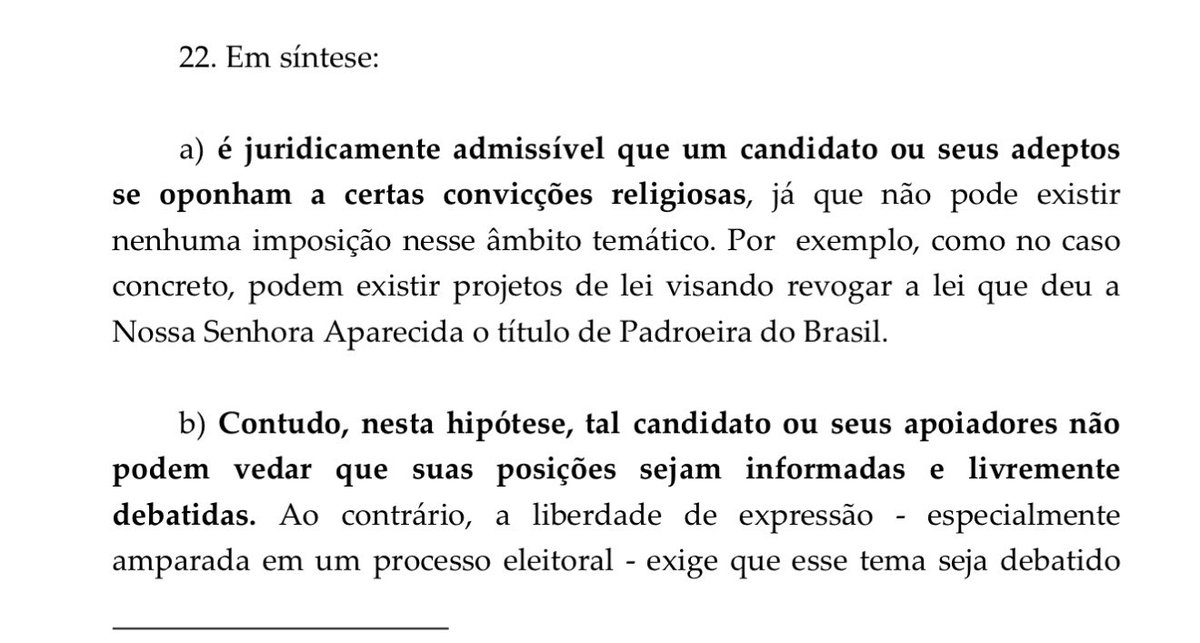 SamPancher's tweet photo. Na decisão, Flavio Dino diz que “podem existir projetos de lei visando revogar a lei que deu a Nossa Senhora Aparecida o titulo de Padroeira do Brasil”.

No momento, não existe qualquer projeto com esse tema em tramitação. https://t.co/UxGU9RFm5A