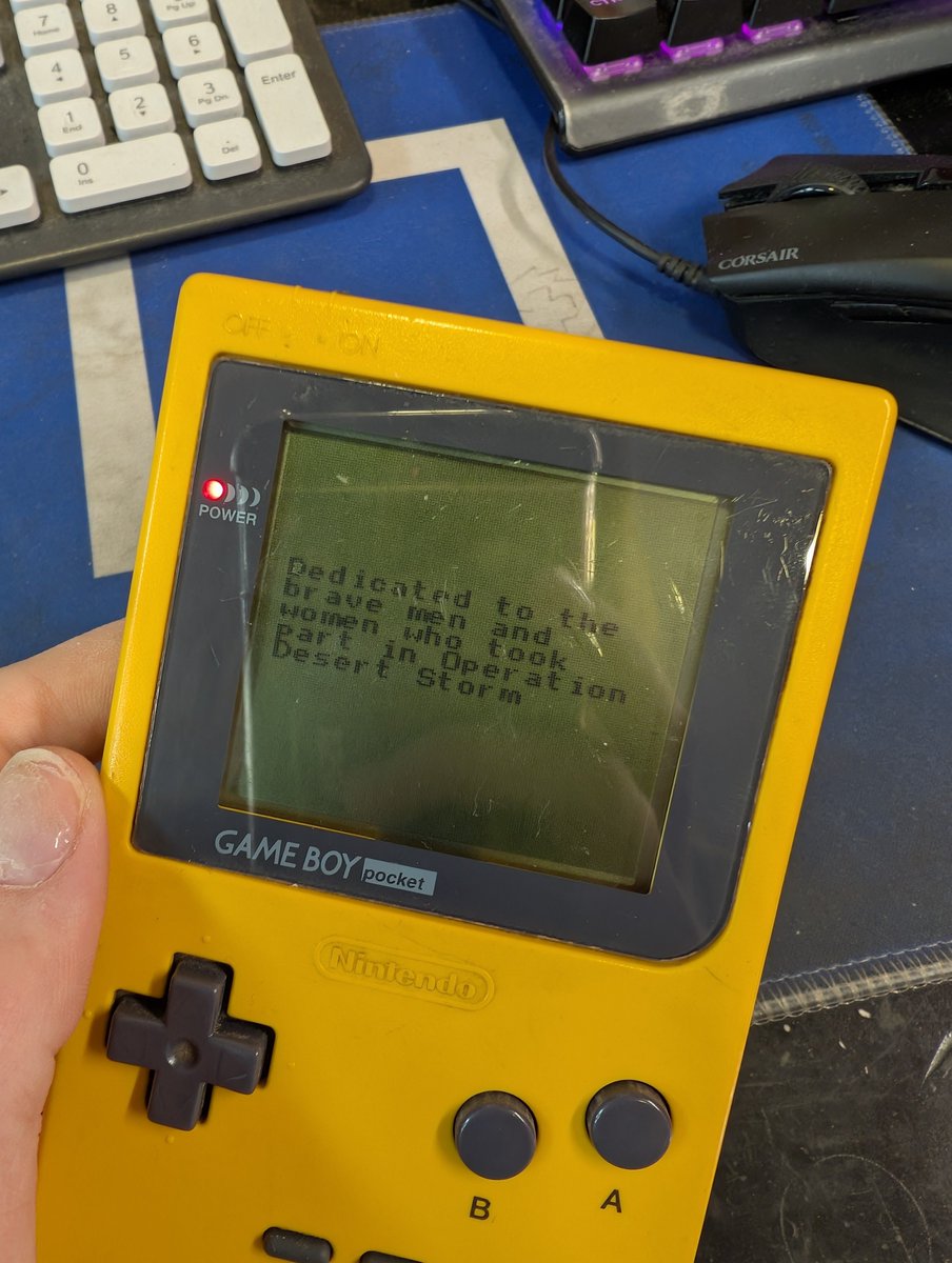 Dykeocletian's tweet photo. tested a Gameboy game from 1994 today at work and made the soy face when this popped up on screen https://t.co/VUdP2cPxZs
