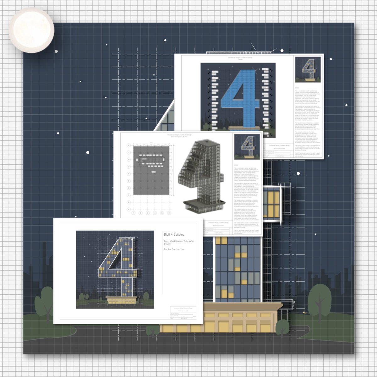 pavelparfenovmd's tweet photo. #NFT Architectural concept / schematic design of "Digit 4" is now on @OpenSea. Around 20 levels, area ~10,725 m2. Includes (3 PDF pages - PDF format only (A3)): View, First floor plan / 3D view, Facade. Read the NFT description carefully. #UtilityNFT https://t.co/0yf4ayoFCm