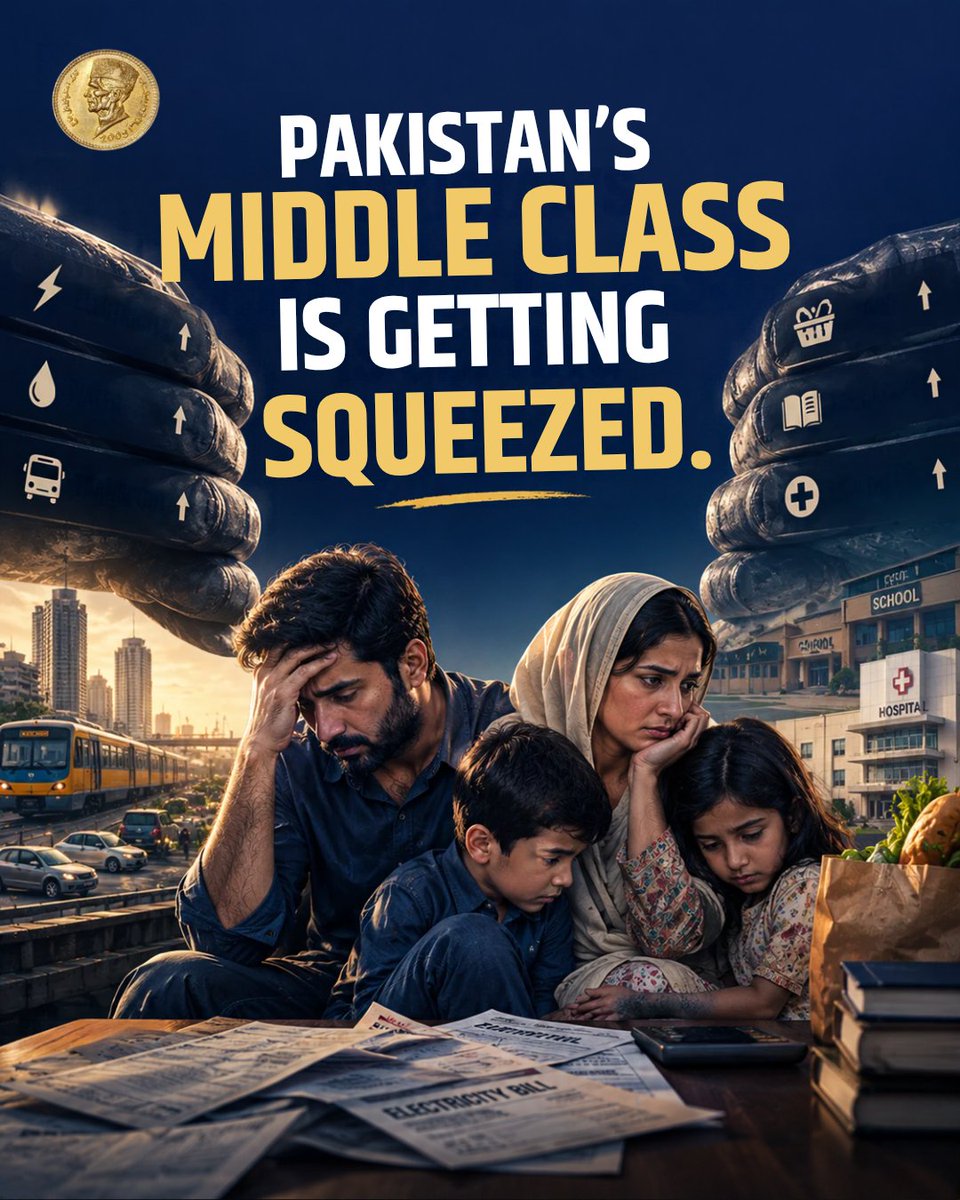 Paknomicss's tweet photo. 🇵🇰 Pakistan’s middle class is getting squeezed.
⚡ Electricity
🛒 Food
🚗 Transport
🎓 Education
🏥 Healthcare
The question is simple:
What’s hurting your monthly budget the most?
Comment below. 👇
#Pakistan #Economy https://t.co/SzcPW6iJGt