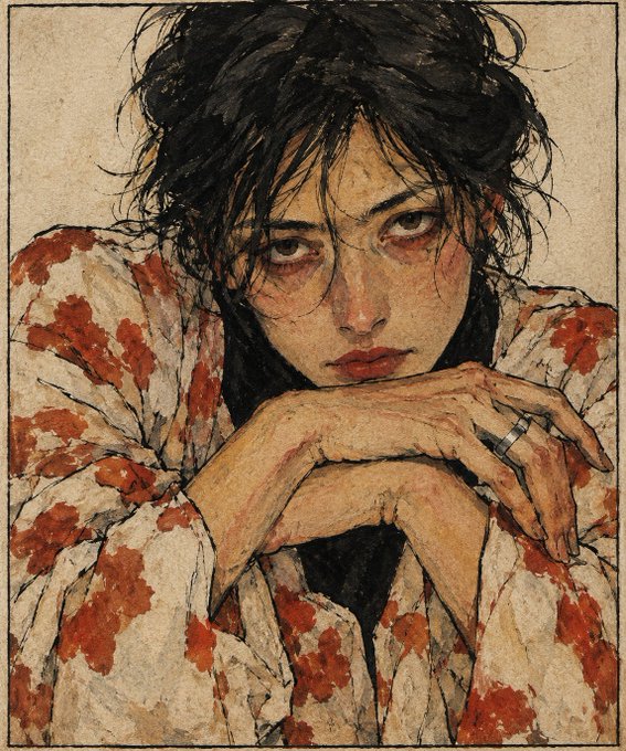 An artistic portrait illustration of a dark-haired woman with red lips resting her chin on her hands, wearing a floral patterned garment.
