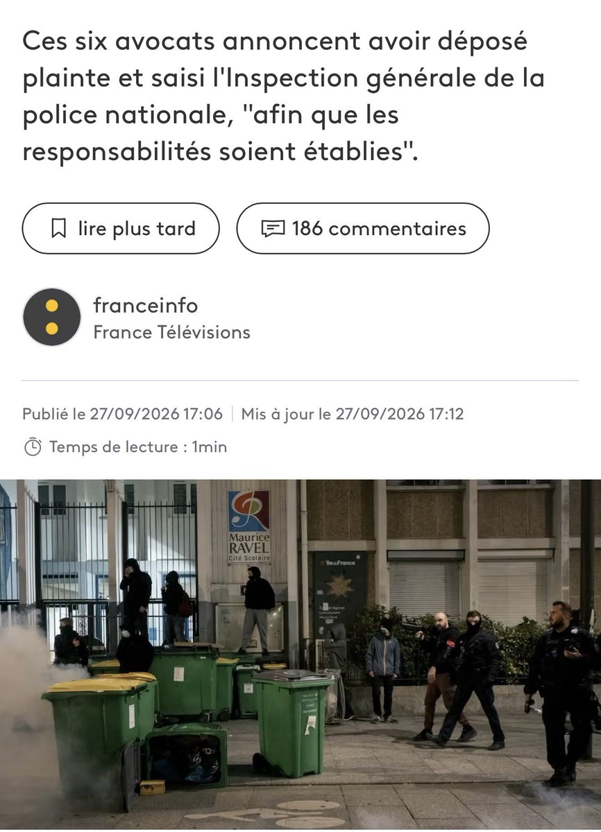 LesVraisFacts's tweet photo. 🎒🛑 Quinze ans. Le visage en sang. Des gifles au commissariat.

Six avocats saisissent l’IGPN. 

Des lycéens du 93 et du 95 racontent la même chose : interpellation, puis les coups à l’intérieur. 

Un mineur de 15 ans arrive le visage ouvert. On lui écrase la tête au sol. On le gifle dans le commissariat. 

Le médecin, six heures plus tard. Un autre, 16 ans, prend un coup au foie puis une gifle. Un troisième dit avoir été frappé en cellule, avec la phrase : plus il parle, plus on a envie de le frapper.

Ils bloquaient pour des profs, des classes, des journées de 8h à 18h. 

La réponse, c’est la même doctrine que devant les grilles : la force d’abord. La police n’a pas à mettre la main sur des enfants. 

Un commissariat n’est pas une salle de boxe.
Les faits, pas les slogans.
#Lyceens #ViolencesPolicieres #IGPN #Paris  #LesVraisFacts #Police 
Source : communiqué des avocats / franceinfo.