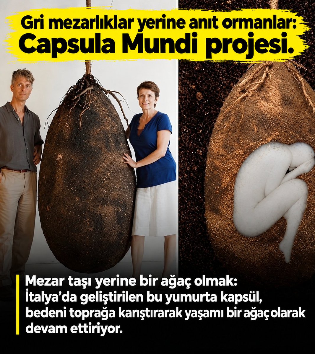 SkywolfSaga's tweet photo. İtalya'da geliştirilen %100 doğal Capsula Mundi, insan bedenini toprağa karıştırıp yeni bir fidanı besliyor. Amaç; gri alanları yeşil ormanlara dönüştürmek.

Sizce bu tasarım geleneksel mezarlıkların yerini alabilir mi? 👇

#CapsulaMundi #SürdürülebilirYaşam #İlginçBilgiler https://t.co/dNEqYEVQmu