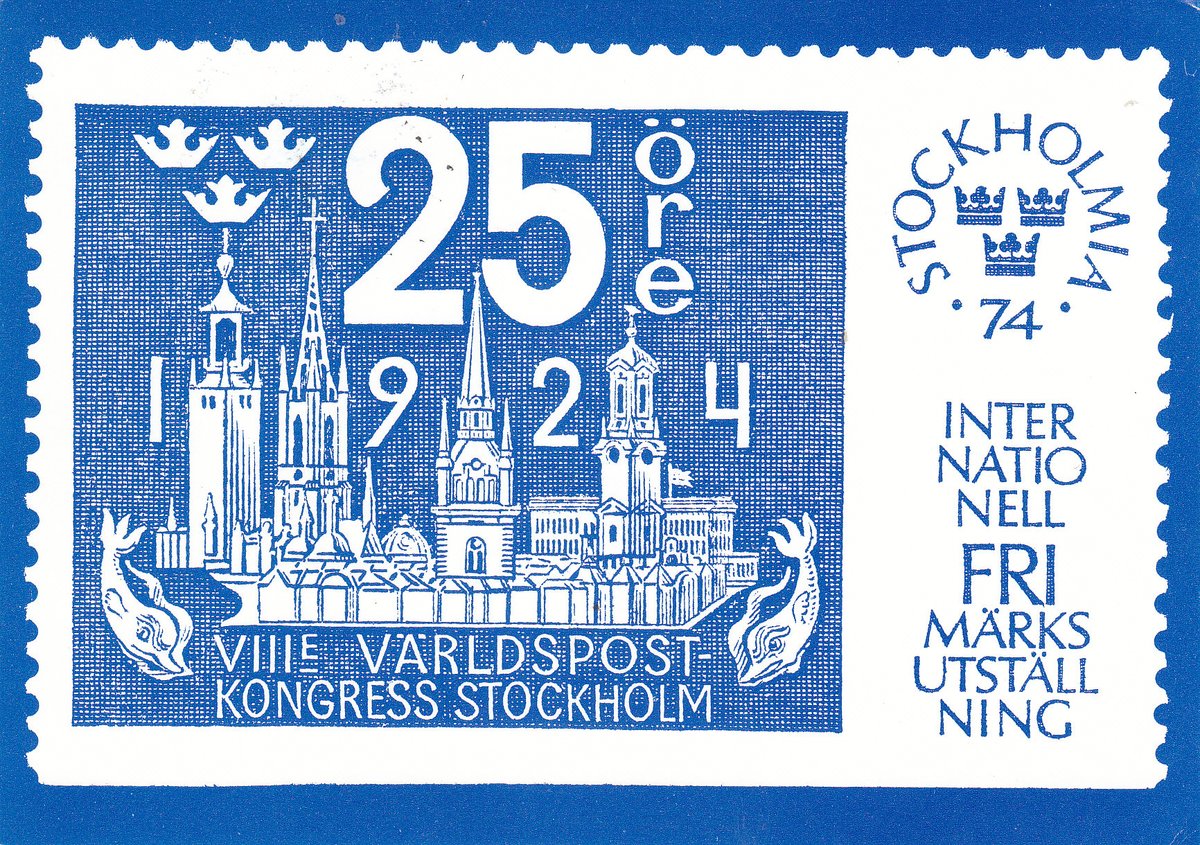 MarjeMolder's tweet photo. A 2nd #PostedOnThisDay #cancel is on a #vintage #Swedish #PostCard of the #stamp commemorating the 8th Universal #Postal Congress #Exhibition held in Stockholm from September 21โ29, 1974. It was posted 52 years ago OTD of Sept. 27, 1974 #philately #stamps #postage #deltiology https://t.co/7rVsRp183t