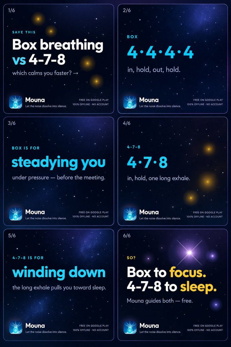 MounaApp's tweet photo. Box breathing vs 4-7-8 — same idea, different job. Here's when to use each. #breathwork #boxbreathing https://t.co/8HqQjOwlAC