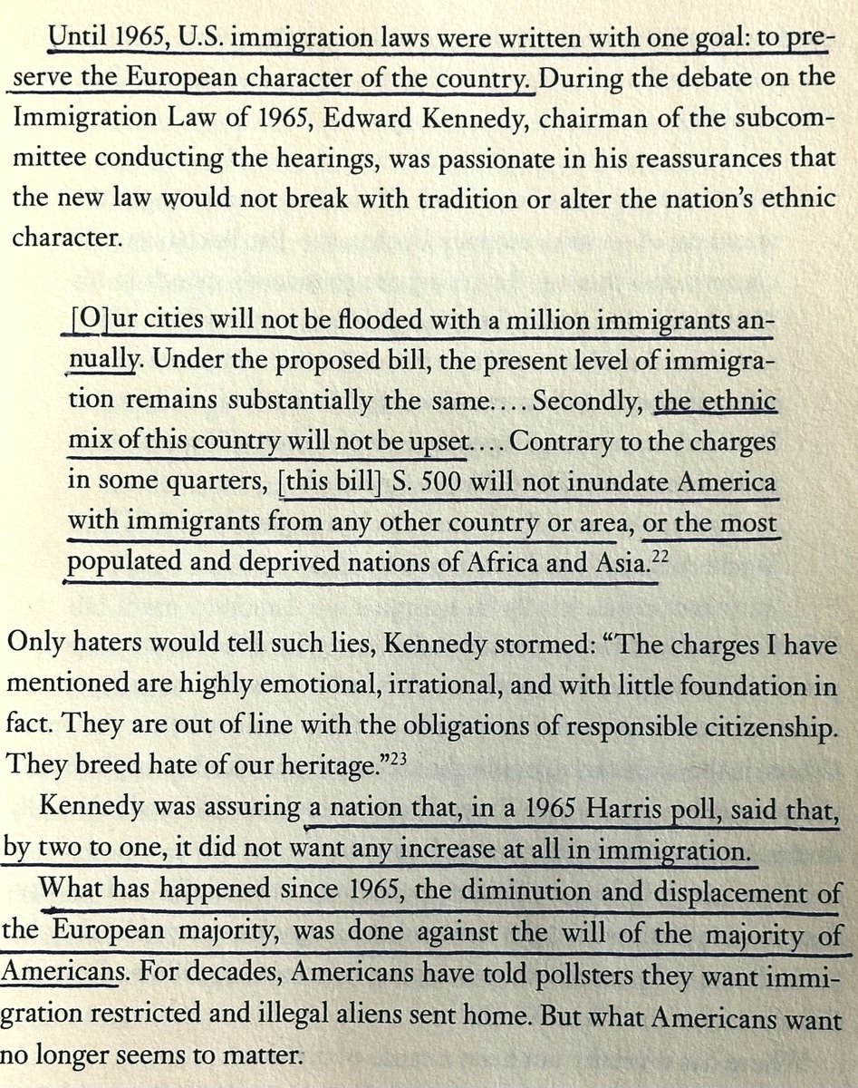 zarathustra5150's tweet photo. During the debate on the Immigration Law of 1965, Ted Kennedy (chairman of the subcommittee conducting the hearings) delivered a stream of confident assurances that turned out to be flat-out lies: 

“Our cities will not be flooded with a million immigrants annually” 

“the ethnic mix of this country will not be upset” 

“this bill will not inundate America with immigrants from any other country or area, or the most populated and deprived nations of Africa and Asia”