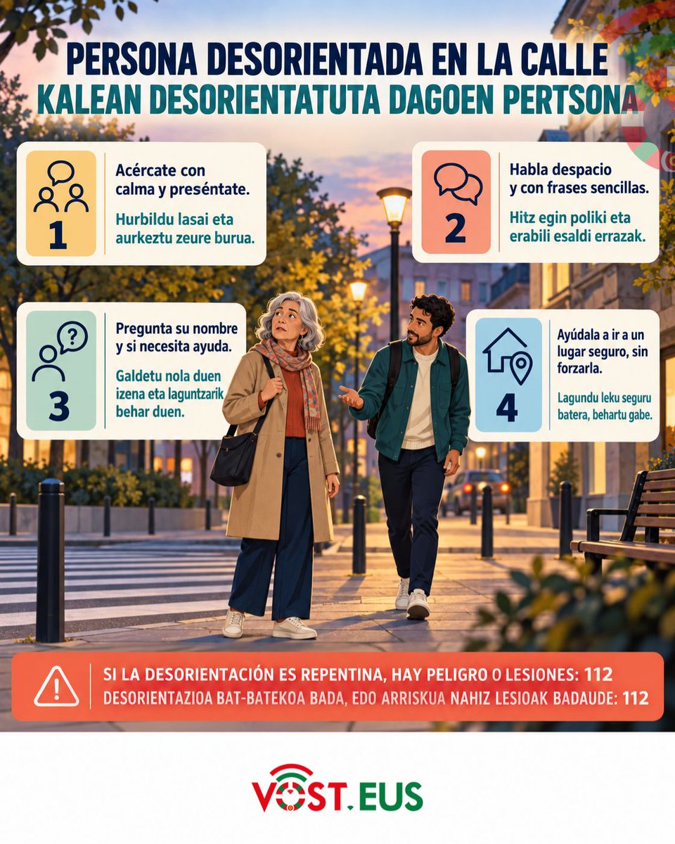 VOSTeuskadi's tweet photo. 🧭 Persona desorientada / Pertsona desorientatua

Acércate con calma, habla despacio y ayúdala sin forzarla. Si aparece de repente o hay peligro, llama al 112.

Hurbildu lasai, hitz egin poliki eta lagundu behartu gabe. Bat-batekoa bada edo arriskua badago, deitu 112ra. https://t.co/hu6NIxFGSY