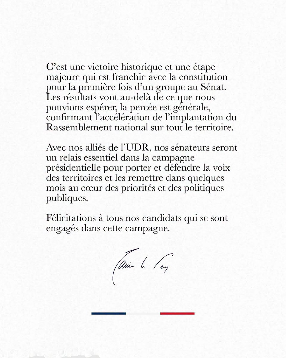 Thomas_Mng's tweet photo. 🔴🇫🇷 C’est HISTORIQUE : le Rassemblement National aura désormais un groupe au Sénat.

👏 Un immense bravo à tous ceux qui ont jeté leurs forces dans les élections sénatoriales qui se sont tenues aujourd’hui. On continue ! https://t.co/Z3bjavHB5h