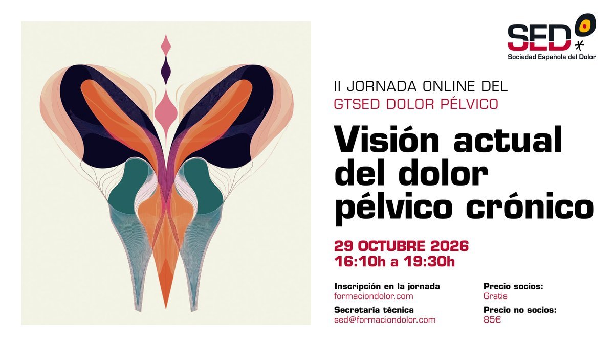 Sedolor's tweet photo. En la II Jornada Online del GTSED Dolor Pélvico de la SED que se celebra el 
📅 29 de octubre de 2026 de 🕓 16:10 a 19:30 h en formato online, moderará la Mesa 1 sobre Aspectos conceptuales, epidemiológicos y clínicos, el Dr. Dr. Pablo Garmilla.
El Dr. David Castillo Gómez hablará sobre la anatomía pélvica, la 
Dra. Alicia López Vázquez sobre el Dolor crónico primario en el Síndrome de dolor pélvico y la Dra. Miren Beatriz Menoyo explicará la epidemiología y las 
diferencias de género y sexo. 
Abordaremos diferentes cuadros clínicos en la práctica clínica y tipos de dolor pélvico con la Dra. Graciana Rekalde Aizpuru y finalizará hablando sobre el problema de la sensibilización central la Dra. Marisa Janeiro Amela.
👉 Inscríbete: https://t.co/suhzNX634O
#DolorPélvicoGTSED26 #DolorPélvico
