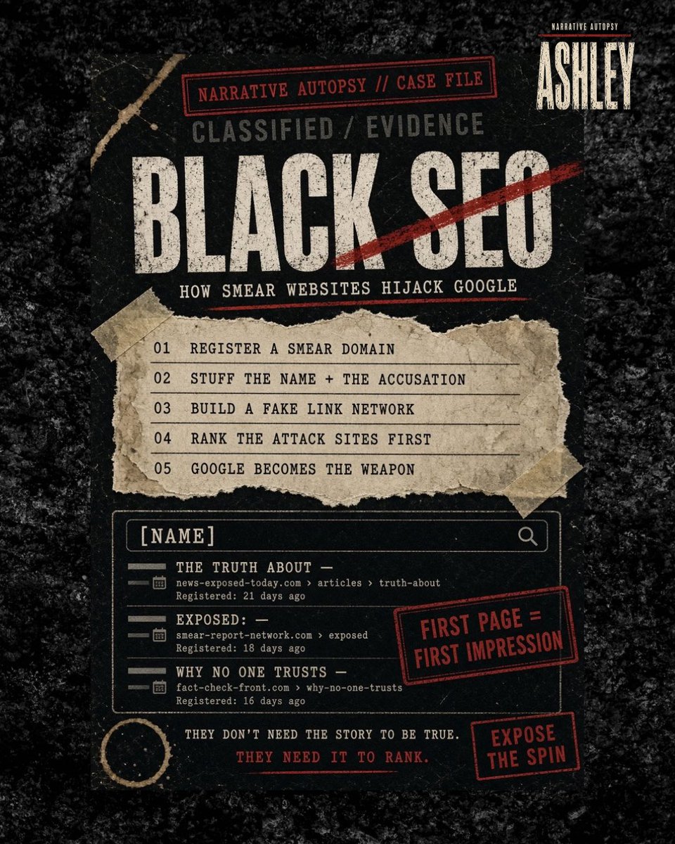 ashleybrianaeve's tweet photo. Black hat SEO is search engine manipulation.

Not content. Not journalism. 

A machine built to put a hostile page at the top of Google before anyone else can answer.

They don’t need it to be true.
They need it to rank.

#NarrativeAutopsy #mediamanipulation #smearcampaign https://t.co/LYwuufTCnF