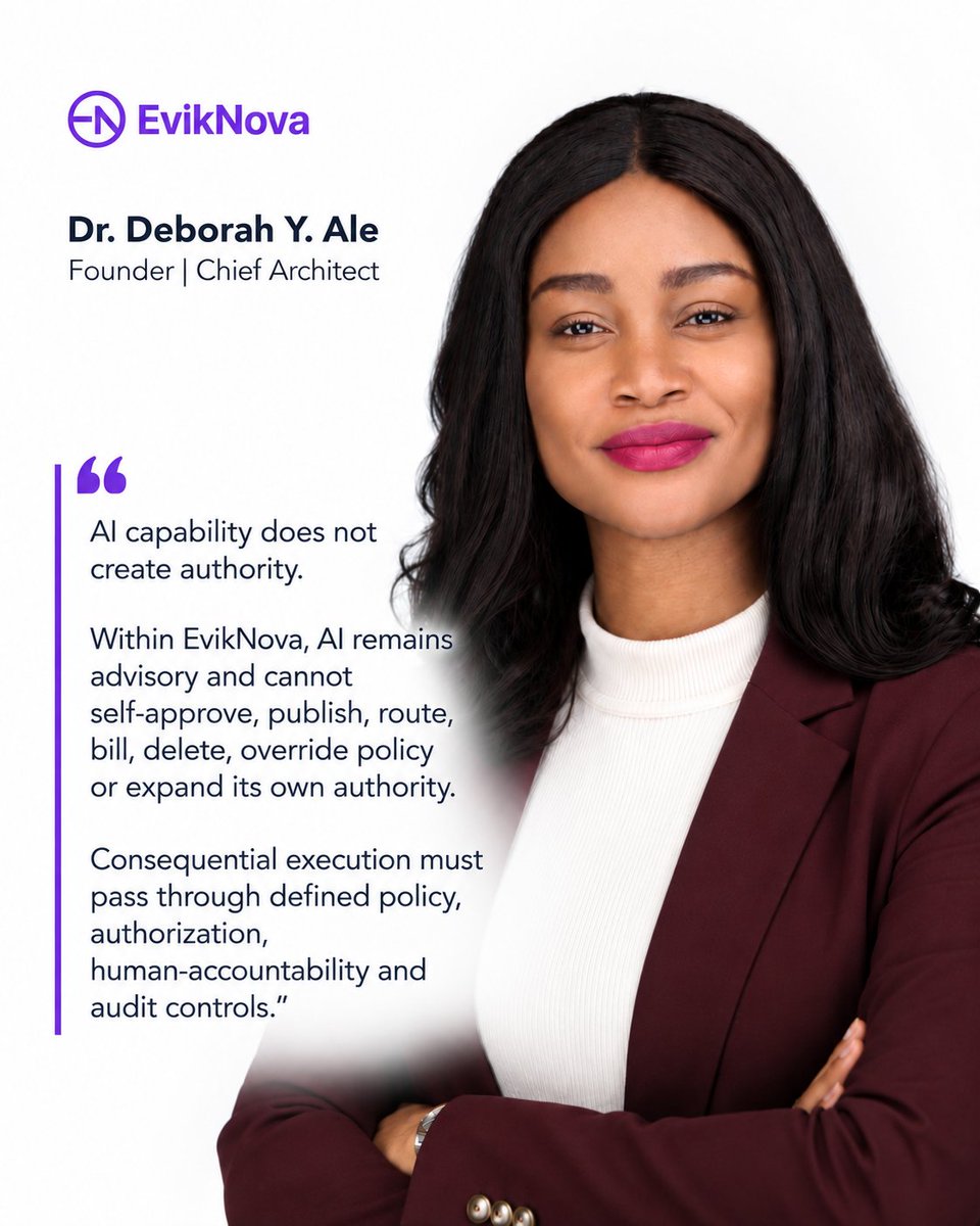drdeborahyale's tweet photo. AI can be capable of taking an action without having the authority to take it.

Who decides what AI is allowed to do?
Who approves consequential actions?
Who remains accountable?

Governance has to exist before execution.

Join the EvikNova Waitlist to Request Early Access.
https://t.co/qoBJ8podRF

#EvikNova #AIGovernance #ResponsibleAI