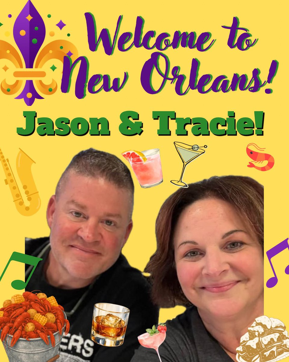 NOLALady6's tweet photo. A big warm welcome to our #DonoFAN sister @tkrumbine and her husband Jason! We can’t wait to finally meet in person tomorrow. Enjoy your visit to the Big Easy!⚜️💜💚💛 Love ya, Linda &amp; Nancy https://t.co/r2hJEgYo9a