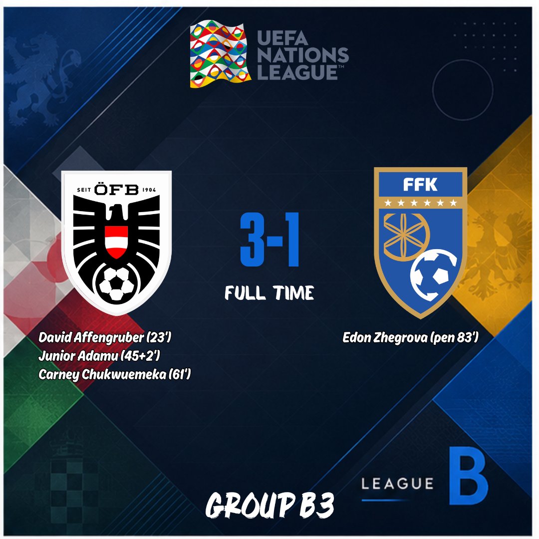 Lengas32's tweet photo. 2026-27 UEFA Nations League
League B | Group B3
FT: Austria🇦🇹 3-1 🇽🇰Kosovo
@UEFAEURO
#NationsLeague #UNL #Football #AUTKOS #Austria #Kosovo https://t.co/MNK9qfsdo3