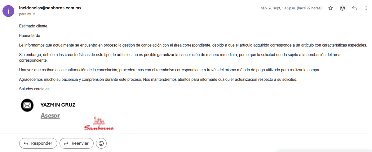lex_barragan's tweet photo. @Profeco @solosanborns Y ahora tengo que esperar a que se dignen cancelar el pedido @solosanborns. Que falta de seriedad y de respeto hacia sus clientes. https://t.co/JXGxu6kf1y