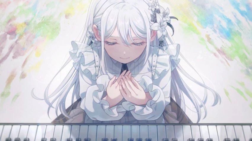 Maimnyan's tweet photo. Thinking about Hotaru. Her whole design being almost entirely white because she sees herself as nothing more than a canvas to be painted on, and her eyes, the only part of her design with any semblance of color, are closed shut in this snapshot. Taking away her color. Her rainbow https://t.co/NSGxZT0KDH