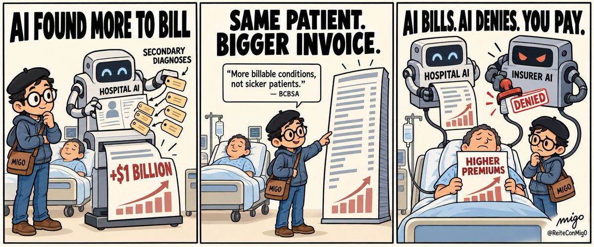ReiteConMig0's tweet photo. @HedgieMarkets Hospital AI found more diagnoses to bill. Insurer AI learned to deny them. Nearly $1B moved, treatment didn’t rise, and patients fund both systems through higher premiums. The machines got smarter. The patient just got a bigger bill. https://t.co/3Uq0jpwLSS