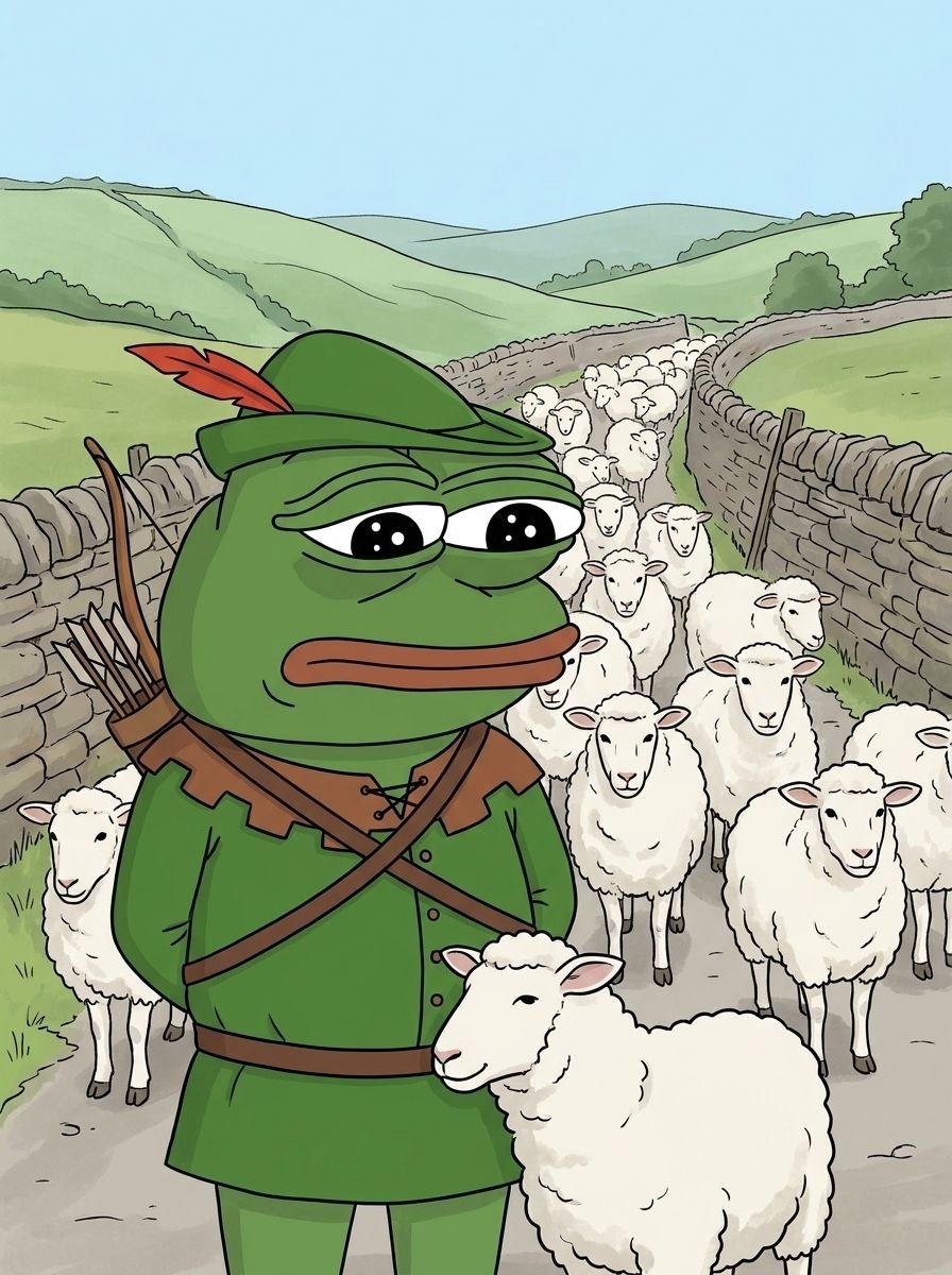 RobinPepeCoin's tweet photo. The shepherd said ten minutes. That was forty sheep ago. https://t.co/0mCe1xOodg