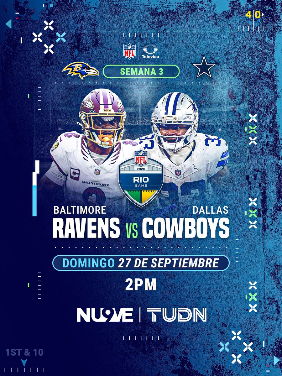 TUPrensa's tweet photo. 🏈🔥 ¡Se viene un duelazo de la NFL!

Ravens y Cowboys se enfrentan en la semana 3 y la acción está lista para arrancar. ¿Quién se llevará este encuentro? 👀

📅 Hoy
⏰ 2:00 p. m.
📺 El #Nu9ve | @TUDNMEX 

#NFLEnTelevisa #TUPrensa https://t.co/N51KOGazj7