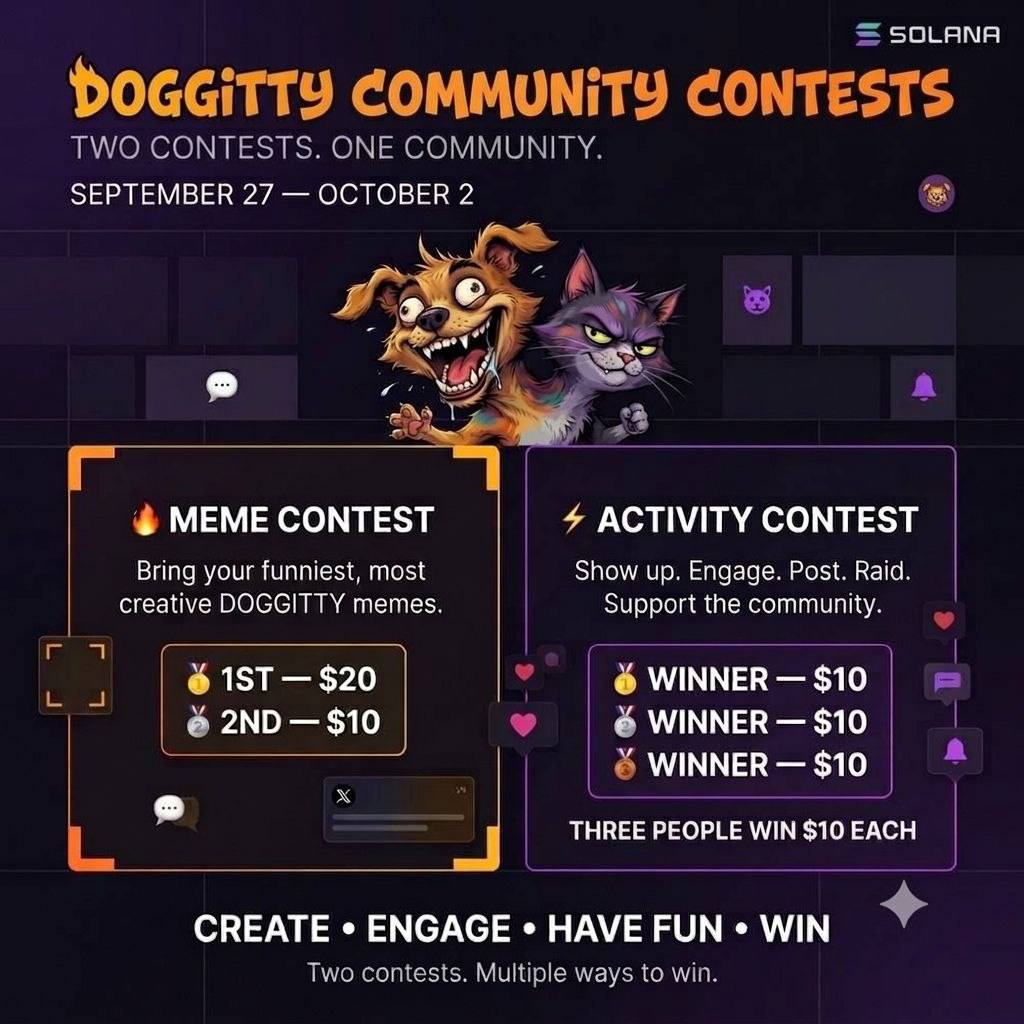 DOGGITTY_Club's tweet photo. 🐶🐱 DOGGITTY COMMUNITY CONTEST 🐶🐱

We’re putting the community to work. 🔥

💰 $60 TOTAL PRIZE POOL

🎨 MEME CONTEST
🥇 1st — $20
🥈 2nd — $10

⚡ ACTIVITY CONTEST
🥇 1st — $10
🥈 2nd — $10
🥉 3rd — $10

📅 Sep 27 – Oct 2

MEME CONTEST:
Drop your original DOGGITTY meme under this post using  #DOGGITTY

Creativity and engagement will be considered.
⚡ ACTIVITY CONTEST:
Stay active, contribute to conversations, and help keep the community moving throughout the contest period.

Follow @DOGGITTY_Club

Join the community:
https://t.co/ETKFf2ypfF

Multiple meme entries are allowed.

Bring the memes. Bring the energy. Let’s see which DOGGITTYs stand out. 🐶🐱🔥