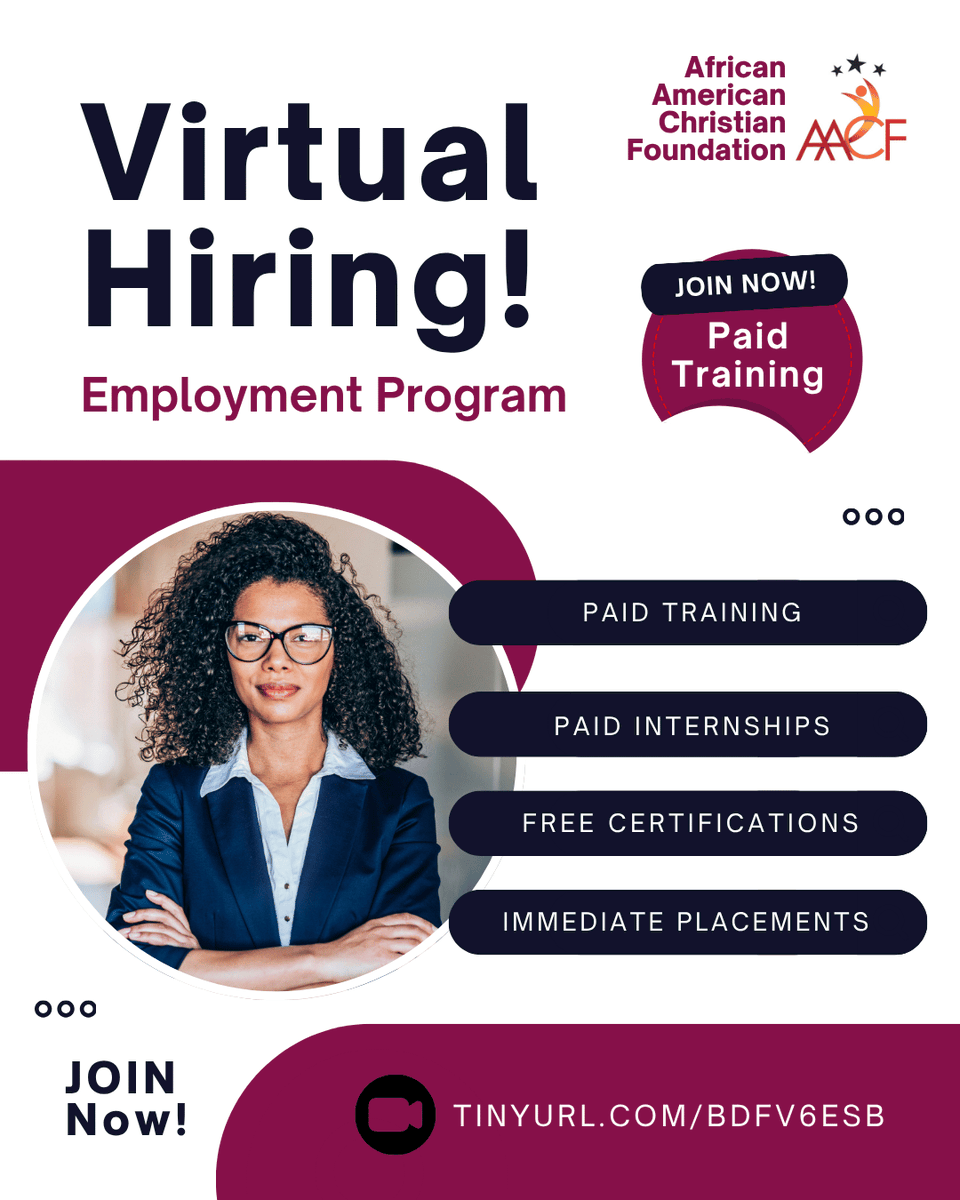 KAMITH2010's tweet photo. Virtual Hiring!
Join our PAID Employment Program!
*PAID Training
*PAID Internships
*FREE Certifications
*IMMEDIATE Placements
JOIN!> https://t.co/L7QuI2XItU
#Jobs #Hiring #Employment #JobTraining #FreeCertifications https://t.co/oGZXplujDM