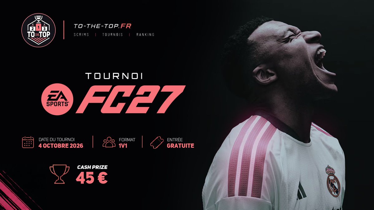 ToTheTopFR's tweet photo. TOURNOI EA FC 27 #1 ! ⚽

Rendez-vous le 4 Octobre pour notre tournoi EA Sports FC 27 !

💰 45 € de Cashprize
🎟️ Entrée 100% GRATUITE

Inscriptions ouvertes ici 👇
https://t.co/pX0Twyrntj https://t.co/u06kiVaGJR