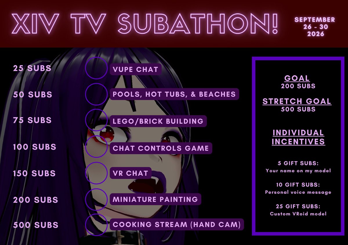 XIVYTV's tweet photo. Trying something new... My first ever subathon on Twitch for the remainder of SUB-tember from the 26th to the 30th. Here are some incentives: https://t.co/oI1bownCpm