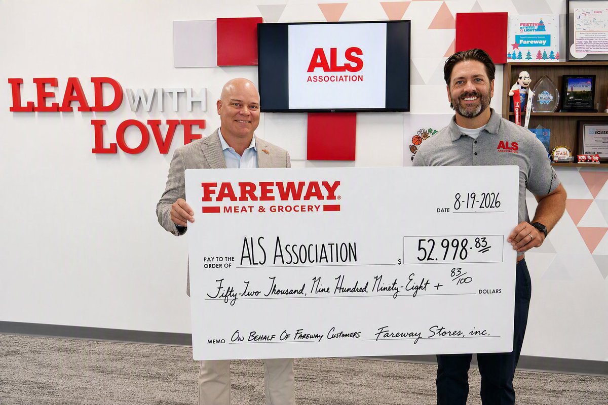 alsassociation's tweet photo. We're grateful to see @Fareway_Stores bring real energy to this year's Round Up at the Register campaign in support of the ALS Association. A special thanks to CEO Reynolds Cramer who kicked things off with the Ice Bucket Challenge and sparking something special when managers across the company joined in. Thank you for bringing this genuine momentum and raising funds for ALS research, advocacy, and care services.

This would not be possible without the incredible generosity of every customer who rounded up or contributed extra at checkout across Fareway's seven-state region. We are so grateful for their support and commitment to fighting ALS!