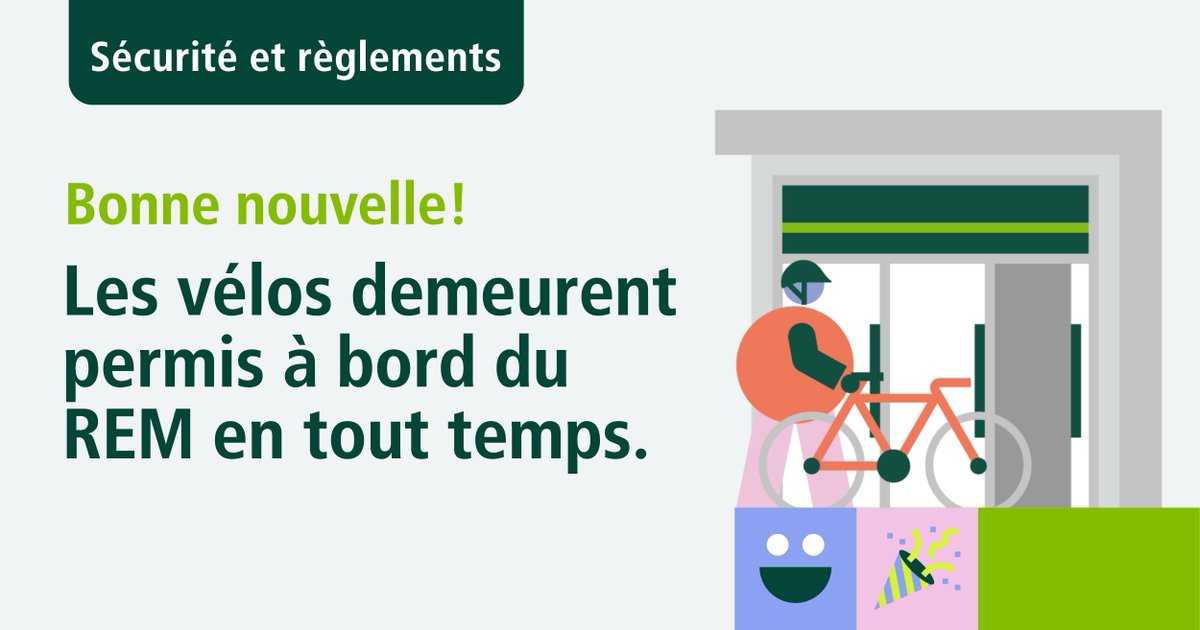 REM_infoservice's tweet photo. 🚴 Bonne nouvelle pour les cyclistes!

Continuez de combiner vélo et REM. 
Les vélos demeureront permis à bord en tout temps, après le 27 septembre.

⛔ Les appareils de transport électriques ne sont pas autorisés.
✏️ À noter: l'accès aux vélos peut être limité lors de forts achalandages.

Pour plus d'infos 👇
https://t.co/mZQ5UI7imO