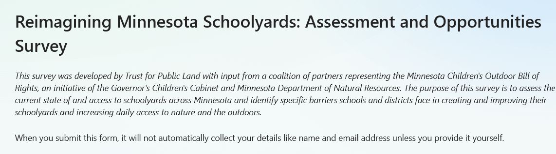 MnSTA1's tweet photo. The Minnesota Reimagining Schoolyards Survey needs teacher input around students' direct access to nature! Complete by October 1: https://t.co/P8t2LoVJZA https://t.co/MAF04GxGbt