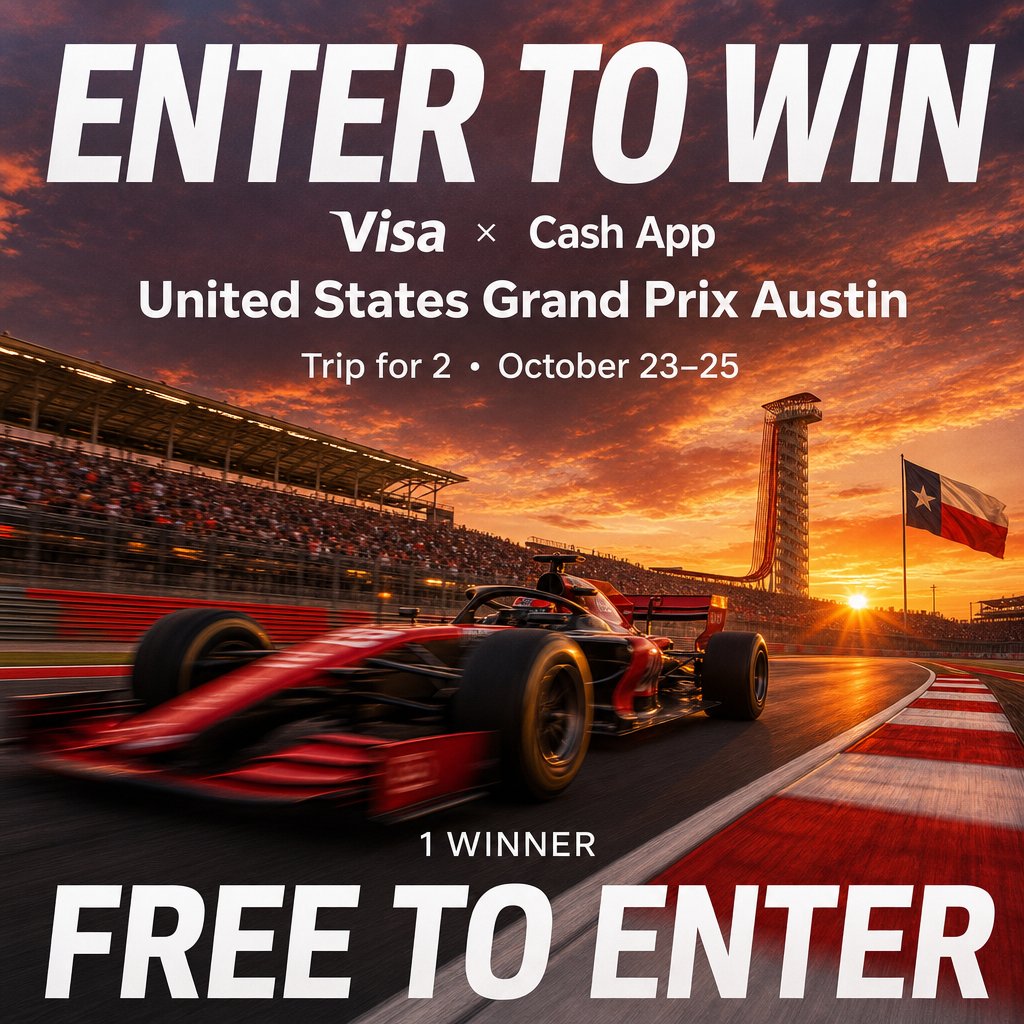 SweepsAdvantage's tweet photo. Race into an unforgettable weekend! 🏁 Visa × Cash App could send 1 winner + guest to the United States Grand Prix in Austin, Oct. 23–25, with tickets, flights, lodging & exclusive experiences! Who’s your race-day buddy? Free to enter! Click for details & to enter:
https://t.co/z1Gx5PP2H6