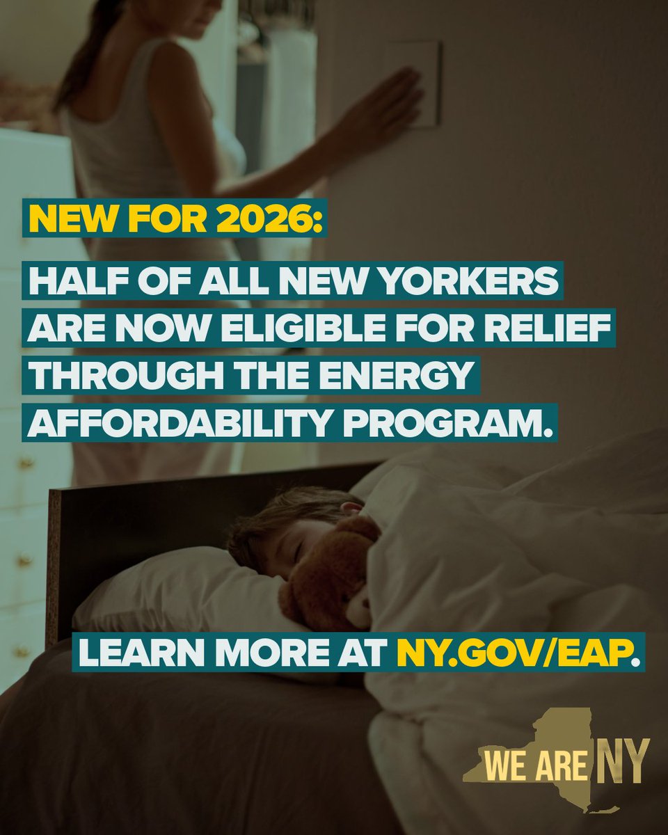 NYSLabor's tweet photo. 📢 Calling all New Yorkers! With millions of households newly eligible for the Energy Affordability Program (EAP) in 2026, now is the perfect time to check your status. 

Get recurring discounts directly on your electric or natural gas bill. Apply: https://t.co/z1w7hO3jm7 https://t.co/dSsPE78QK4