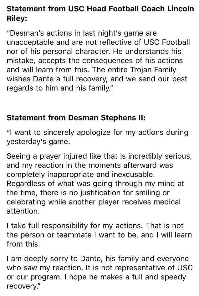ChrisVannini's tweet photo. News: USC has suspended LB Desman Stephens II for one game for the hit on Dante Moore and his actions after it. He will miss the Washington game. 

Statement from Lincoln Riley and Stephens: https://t.co/po3qNsemrq